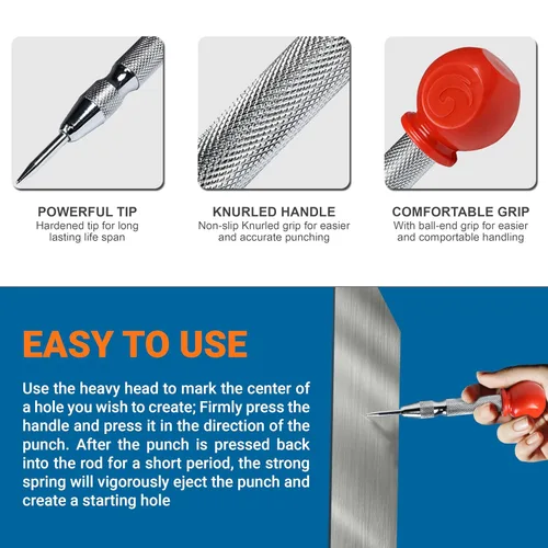 Miniatura 3 de Rok Hardware 5-1/8 "Herramienta automática de perforación de agujero central de acero con resorte para metal, madera y plástico ROKCPUNCH