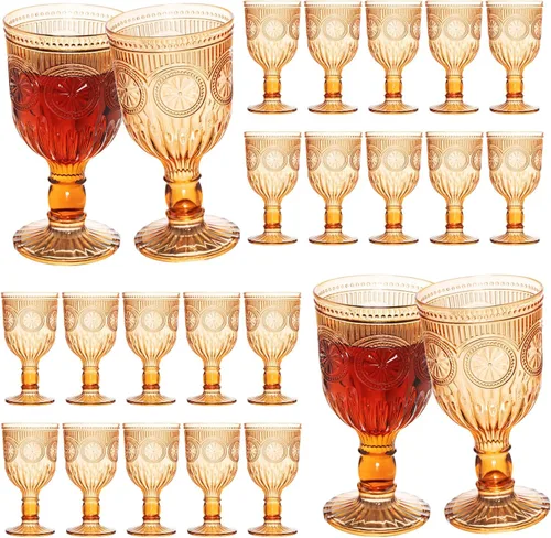 Paquete de 24 copas de vino vintage, de plástico reutilizables de 12 onzas, copas de agua de colores, patrón de flores en relieve único, copas de