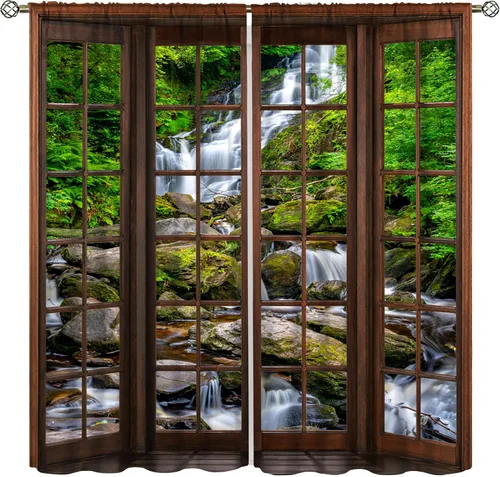Miniatura 15 de Cortinas de ventana de cascada 3D, paisaje natural, cascada junto al lago, estampado de bosques verdes, decoración del hogar, dormitorio, sala