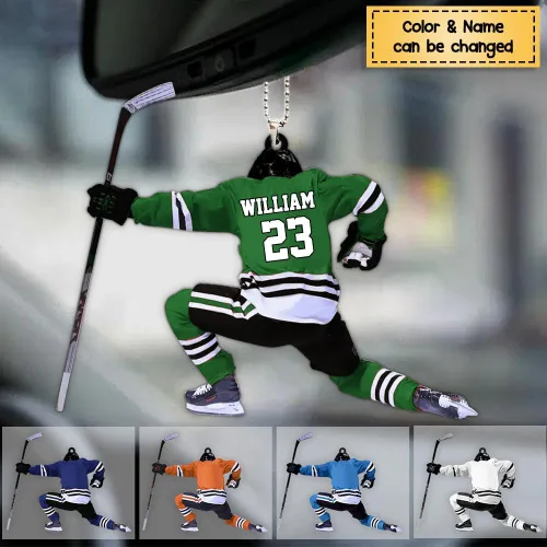 Miniatura 3 de NAZENTI Adorno personalizado de jugador de hockey, adorno navideño de hockey personalizado, adorno de auto de hockey personalizado plano, adorno