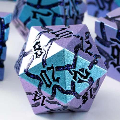 Miniatura 21 de Dados de metal para DND – Ruinas de faraón oro oscuro con grietas moradas – Juego de dados poliédricos para D&D, RPG y más – Bellamente detallados
