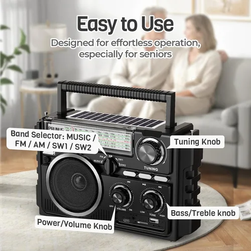 Miniatura 6 de PRUNUS J-02 Radio portátil AM FM SW Bluetooth, doble antena, batería solar/D/USB recargable, compatible con tarjeta TF/reproducción USB, radio