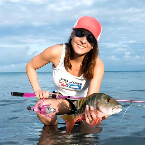 Miniatura 7 de Combos de caña de pescar y carrete, regalos de equipo de pesca para mujeres con carrete giratorio, señuelos, línea, kit de caña telescópica rosa