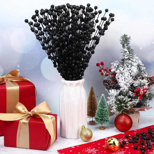 Miniatura 2 de Syhood 200 tallos de bayas con purpurina, 13.8 pulgadas, ramas de acebo para decoración de árbol de Navidad, adornos de vacaciones, decoración