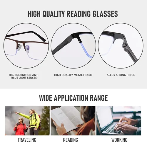 Miniatura 5 de Paquete de 3 lentes de lectura para hombre, ligeros de metal medio marco de metal con bloqueo de luz azul, lectores de computadora