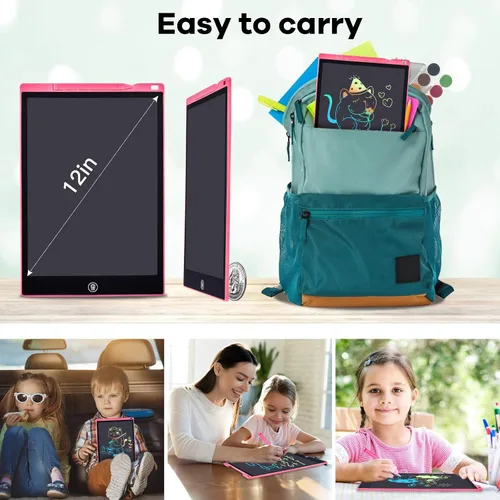 Miniatura 5 de Paquete de 2 tabletas de escritura LCD, 12 pulgadas, colorido tablero de dibujo para niños pequeños, juguete educativo borrable regalo de cumpleaños
