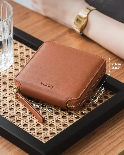 Miniatura 6 de Cartera de piel para mujer, con bloqueo RFID, plegable, delgada, para tarjetas de crédito, con bolsillo con cremallera, Marrón, Classic