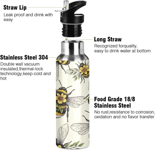 Miniatura 3 de Insulated Stainless Steel Water Bottle with Straw 20 Oz, Leakproof Water Bottles for Gym Outdoor Travel School, Yellow Flowers Leaves Wings