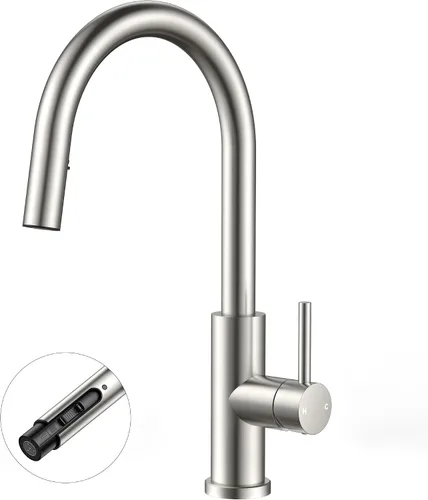 FORIOUS Grifos de cocina con rociador extraíble, níquel cepillado de una sola manija, acero inoxidable de arco alto con placa de cubierta, grifo de