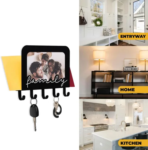 Miniatura 2 de GEGUTON Soporte para llaves montado en la pared con 5 ganchos, madera, negro, diseño Home Sweet Home, organiza llaves, mejora la decoración
