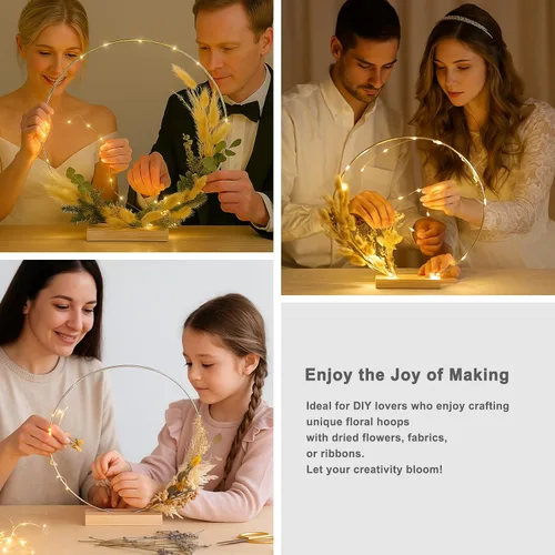 Miniatura 7 de Paquete de 12 aros florales con soporte y luces LED de hadas de 14 pulgadas, anillos de metal para centro de mesa DIY, decoraciones para Plata