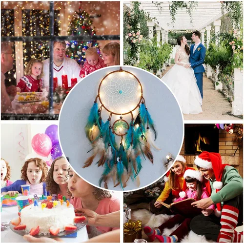 Miniatura 6 de Atrapasueños Árbol de la Vida Azul con Plumas, Luces de Hadas LED Móviles Hechas a Mano Tradición India Red Circular para Decoración Colgante