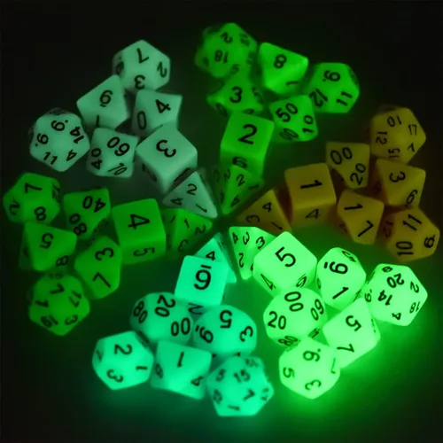 Miniatura 6 de Juego de dados DND que brillan en la oscuridad de 11 x 7 pulgadas (77 piezas) para juegos de rol de mesa de Calabozos y Dragones, con una bolsa