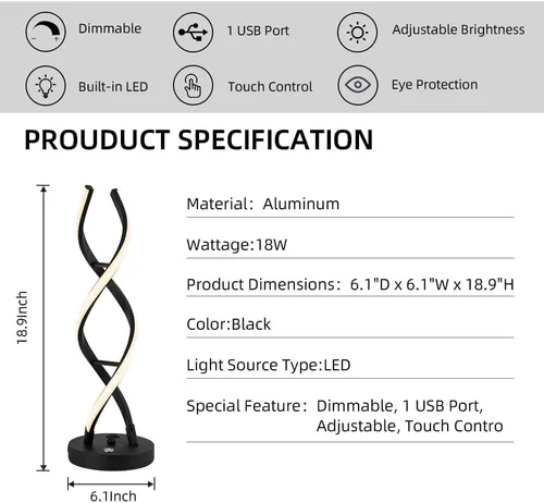 Miniatura 2 de Lámpara de mesa LED moderna, lámparas de mesa en espiral regulables para dormitorio, 3 colores con control táctil, lámpara de mesita de noche con 1