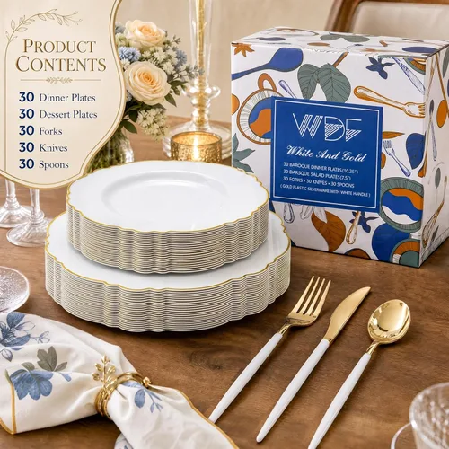 Miniatura 6 de WDF - Vajilla de plástico desechable para 30 invitados platos color oro y cubiertos color oro con mango blanco - Vajilla de plástico barroco blanco