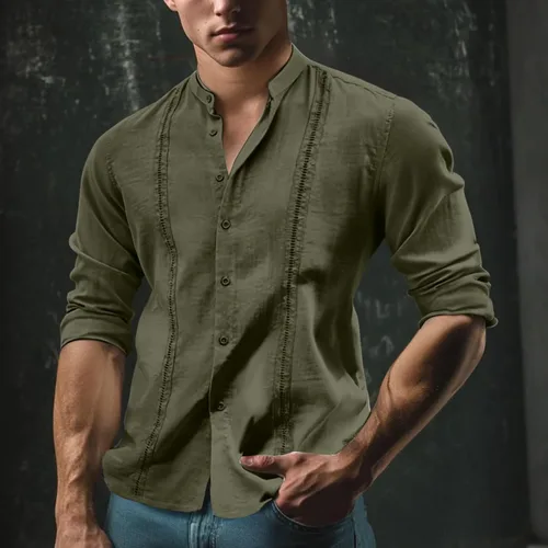 Miniatura 4 de Camisa de manga larga para hombre, sin cuello, ligera, transpirable, Guayabera Cuba camisa con botones para la playa Verde militar