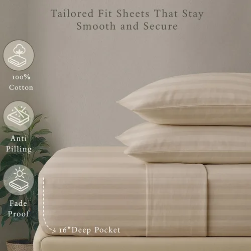 Miniatura 5 de Threadmill Juego de ropa de cama de algodón de lujo de 500 hilos tamaño Queen de 4 piezas, sábanas suaves y sedosas de color beige claro con Rayas