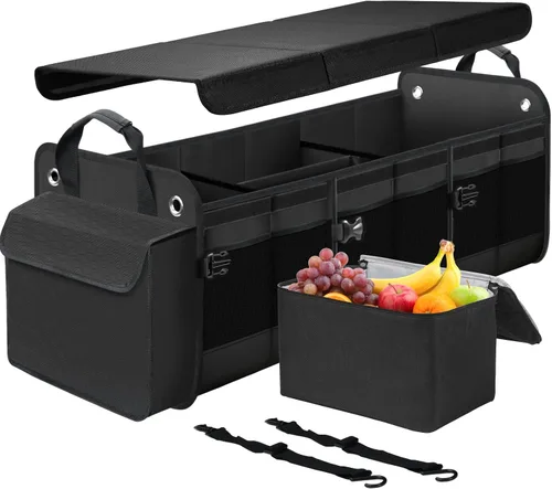 Miniatura 8 de Organizador de maletero de coche con tapa y bolsa enfriadora a prueba de fugas removible, cubierta plegable, organizadores grandes de maletero