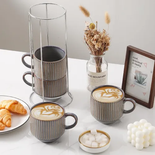 Miniatura 2 de HASENSE Porcealin - Juego de 4 tazas de café apilables con soporte, juego de 4 tazas de café grandes de cerámica acanaladas de 15 onzas para Marrón