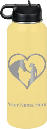 Miniatura 69 de LaserGram Botella de agua personalizada, corazón de vaquera de caballo, acero inoxidable de doble pared aislada al vacío con popote superior, regalo