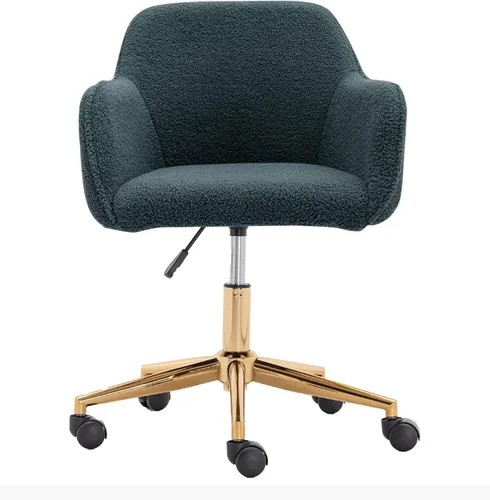 Silla esponjosa verde – Silla de tocador ajustable en altura con ruedas, silla giratoria de piel sintética para sala de maquillaje u oficina en casa