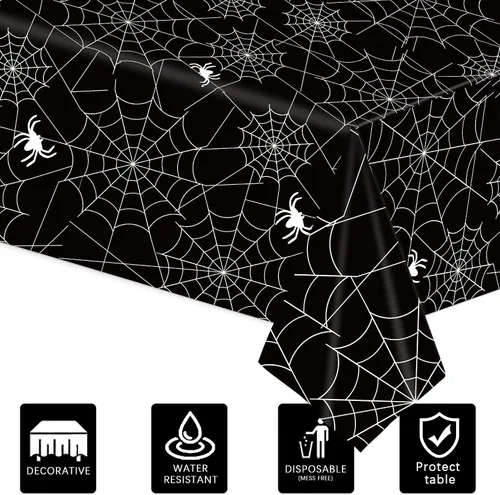 Miniatura 3 de Mantel de plástico de telaraña de Halloween de 3 piezas de 54 x 108 pulgadas - Telaraña negra y blanca con patrones de arañas, cubierta de mesa