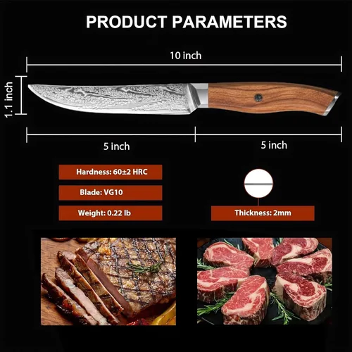 Miniatura 6 de Juego de 6 cuchillos para carne Damasco Premium no dentados con mango de madera de olivo natural, cuchillas de acero japonés de borde recto de 67