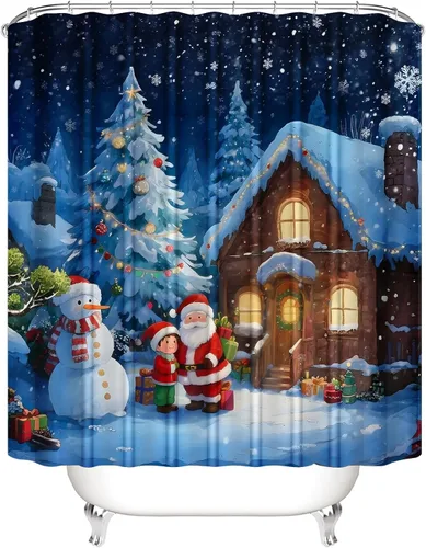 Miniatura 2 de AZHM Juego de cortinas de ducha de Navidad con alfombras, cabaña nocturna nevada y árbol de Navidad, conjuntos de baño 4PCS, decoración de Papá Noel