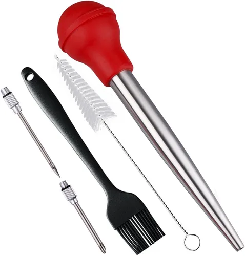 Miniatura 10 de Baster - Baster de pavo de acero inoxidable 18/8, juego de inyector de carne con jeringa con 2 agujas y 2 cepillos de limpieza para untar, para Azul