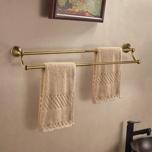 Miniatura 2 de Leyden Toallero de latón antiguo, soporte ajustable para toallas, doble retro, accesorios de baño, montaje en pared, estilo vintage