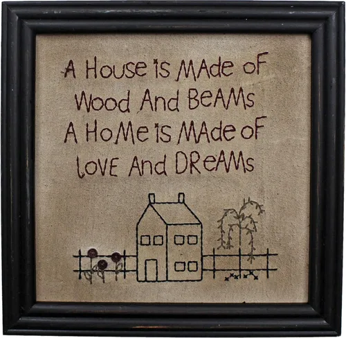 CVHOMEDECO. Primitives Antique A house is made of wood and beams, A home is made of love and dreams, marco de costura montado en la pared, arte