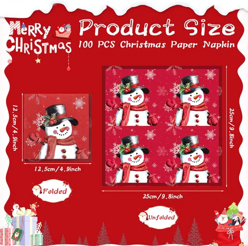 Miniatura 2 de Faccito 100 servilletas de papel de muñeco de nieve de Navidad, servilletas de cóctel de copo de nieve de invierno, servilletas de bebidas rojas