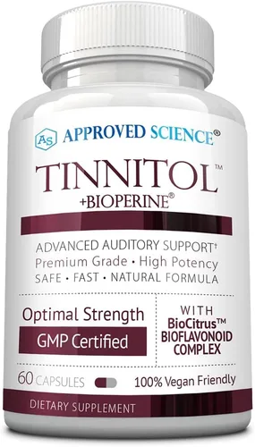 Approved Science Tinnitol - Suplemento de apoyo para el tinnitus - Alivia el zumbido en los oídos - Aumenta la salud del oído interno - 60 cápsulas