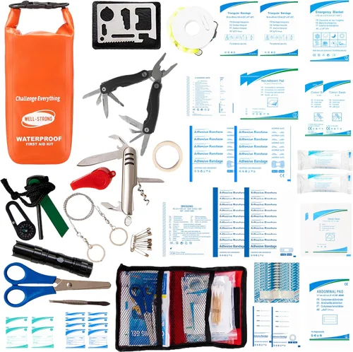Kit de primeros auxilios para lancha con herramientas de supervivencia, 123 piezas impermeables de emergencia con hebillas, accesorios compactos de