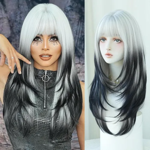 Miniatura 11 de 7JHH WIGS - Peluca de cabello sintético largo y liso con flequillo para mujer, aspecto natural (22 pulgadas, té negro)