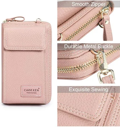 Miniatura 4 de Bolsa cruzada de piel para teléfono celular, con ranuras para tarjetas con protección de interferencia de radiofrecuencia (RFID), de cuero, para Rosa
