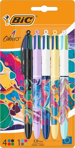 BIC 4 colores todo en uno, bolígrafos retráctiles multicolores, medianos, 0.039 in, verde, azul, rojo, negro, 5 unidades por paquete