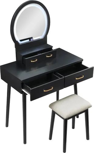 Miniatura 10 de Lexicon Tocador moderno con espejo, luces LED, 3 modos de iluminación, pequeño juego de tocador de maquillaje con 4 cajones y taburete acolchado