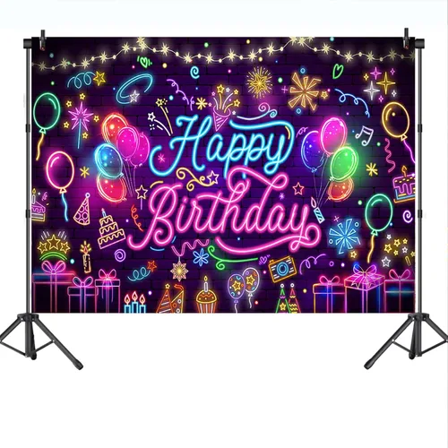 Miniatura 5 de Mocsicka Neon Happy Birthday Banner Backdrop Glow in The Dark Graffiti Party Backdrop Decorations for Kids Adults Mustic Let's Glow Birthday