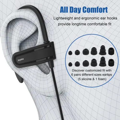 Miniatura 3 de Joysico - Auriculares con cable sobre la oreja con micrófono, control de volumen, gancho para la oreja y estuche, auriculares deportivos resistentes