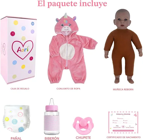 Miniatura 7 de Aori Muñecas Bebé Negras de 17 Pulgadas, Muñeca Negra Realista con Cuerpo Suave de Peso Ligero y Trajes Rosas para Niñas de 3+ Juego