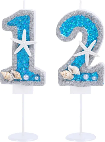 Miniatura 21 de Vela de cumpleaños número 0 3D número 0 para decoración de pastel para niños y niñas, niños pequeños bajo el océano, tema azul mar, fiesta