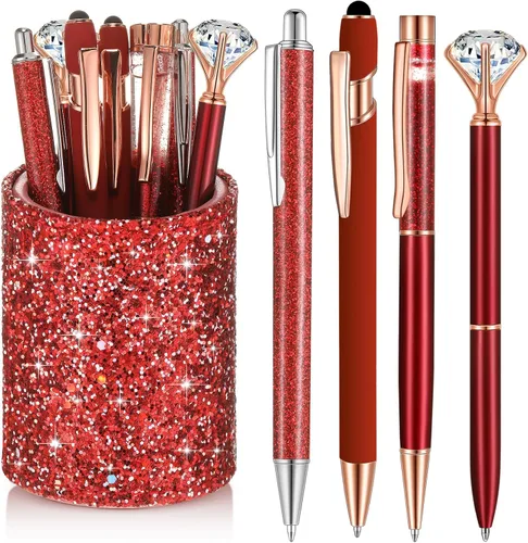Miniatura 10 de Sabary 8 bolígrafos negros con soporte para bolígrafo para escritorio, con purpurina, diamantes de cristal, bonito soporte para lápices, organizador