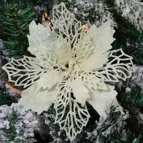 Paquete de 12 flores de Pascua artificiales con purpurina para corona de Navidad, adornos de flores para árbol de Navidad, 6'' (16cm) de diámetro