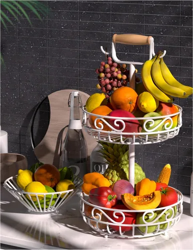 Plato de 2 niveles y frutero – Almacenamiento de frutas y verduras con colgador de árbol de plátano y mango de madera, cesta de frutas para encimera