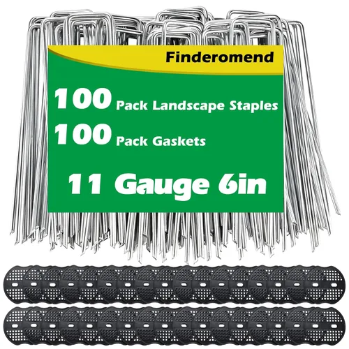 Paquete de 100 grapas de paisaje y 100 juntas, grapas de jardín de acero galvanizado de 6 pulgadas, calibre 11 con almohadillas negras, pasadores de