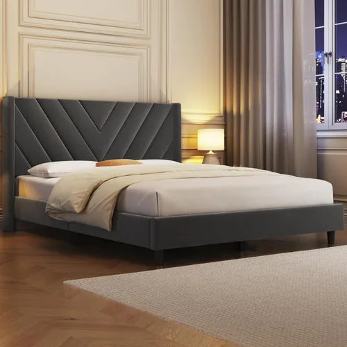 Miniatura 3 de Yaheetech Base de cama tamaño Queen con plataforma tapizada con cabecera con lados en forma de ala/soporte de listones de madera/cabecera tapizada