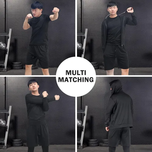Miniatura 5 de JULY'S SONG Conjunto de entrenamiento de compresión para hombre, 5 piezas, secado rápido, pantalones cortos, mallas, chaqueta para gimnasio