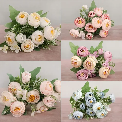 Miniatura 7 de Flores artificiales, 1 ramo de 12 cabezas, peonía artificial, té de rosas, flores de seda de camelia para bricolaje, hogar, jardín, decoración
