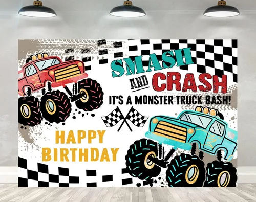 Ticuenicoa Grave Digger - Fondo de cumpleaños de Monster Truck – Fondo de cabina de fotos con diseño de llama de 5 x 3 pies para niños, decoración